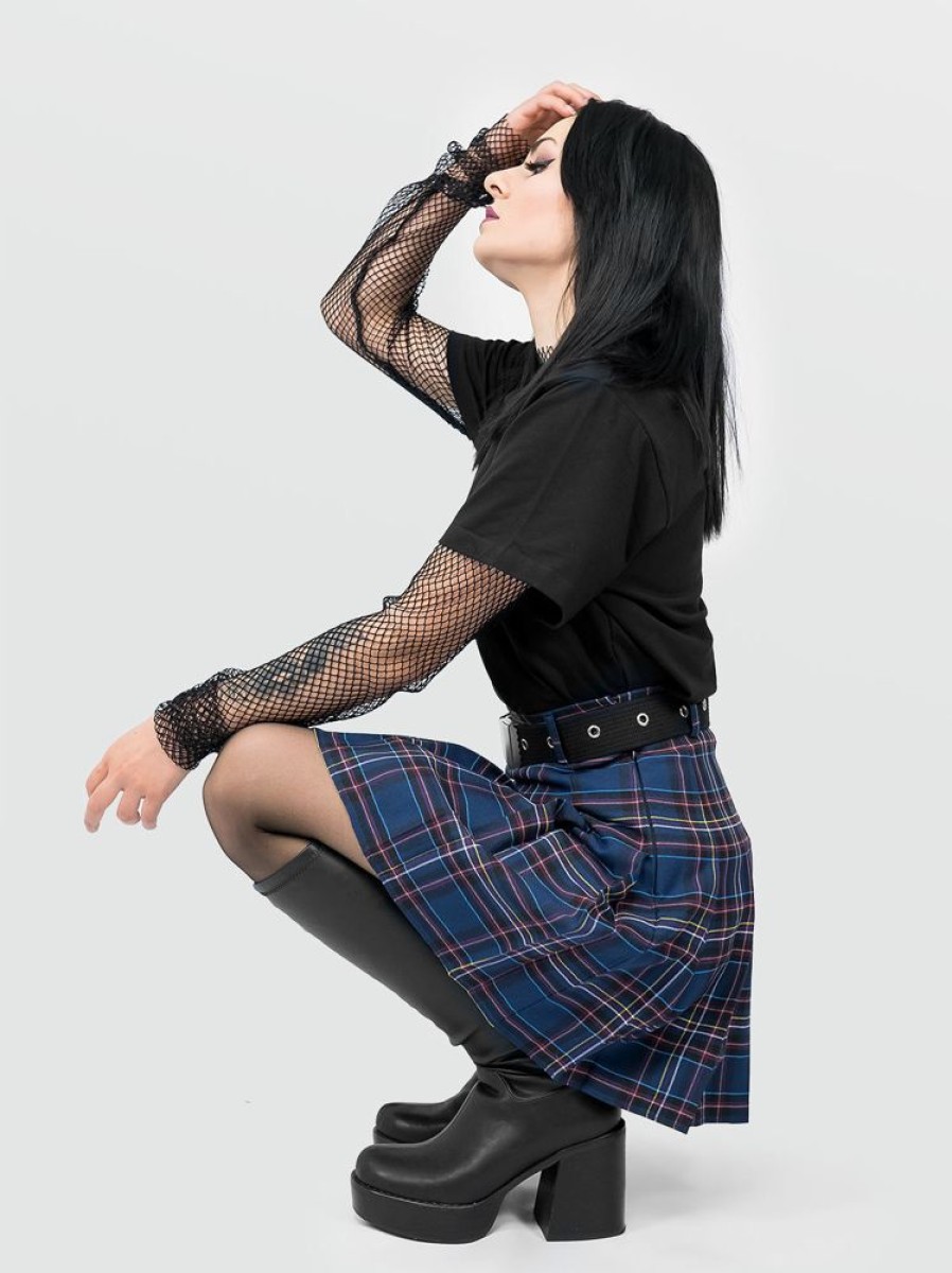 Clothes SKYDANCE Mini Skirts | Navy Blue Plaid Tennis Belt Skirt