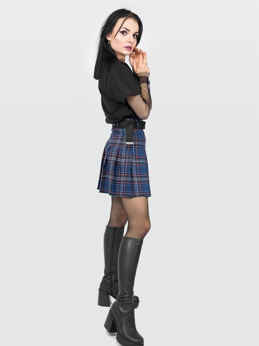 Clothes SKYDANCE Mini Skirts | Navy Blue Plaid Tennis Belt Skirt