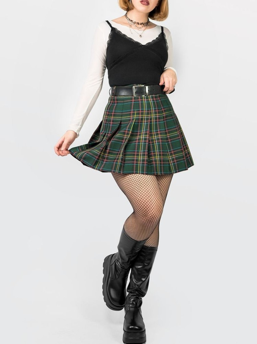 Clothes SKYDANCE Mini Skirts | Green Plaid Tennis Belt Skirt