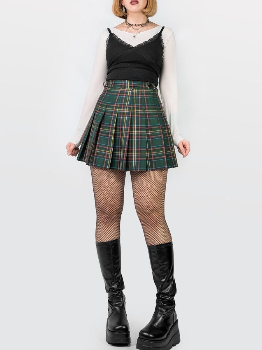 Clothes SKYDANCE Mini Skirts | Green Plaid Tennis Belt Skirt