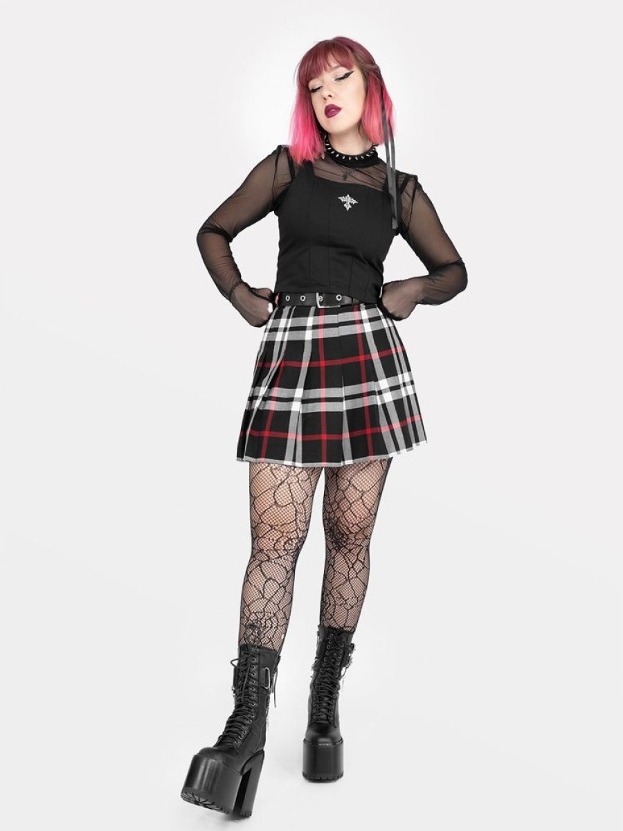 Clothes SKYDANCE Mini Skirts | Red-Black Plaid Tennis Belt Skirt