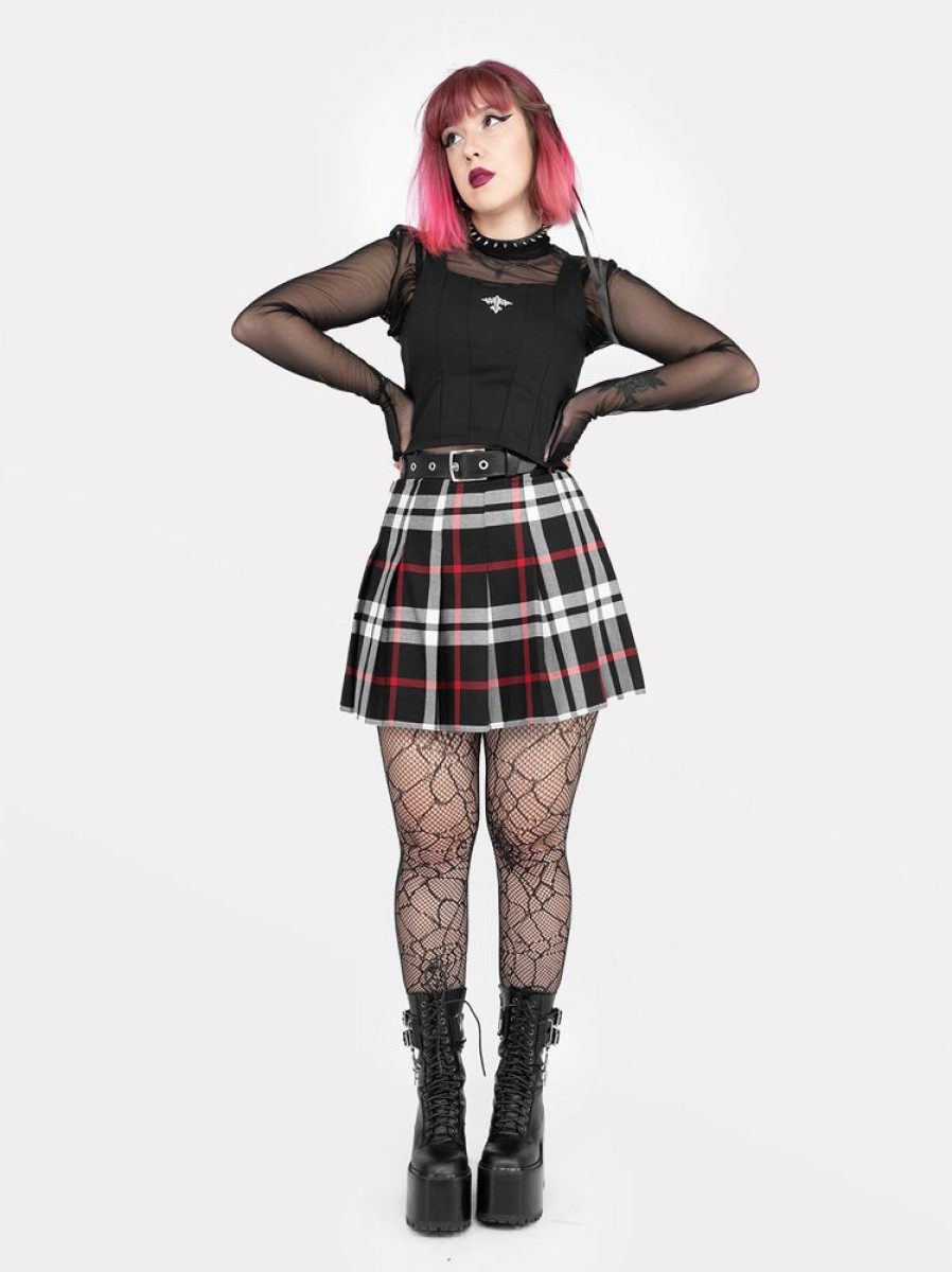 Clothes SKYDANCE Mini Skirts | Red-Black Plaid Tennis Belt Skirt