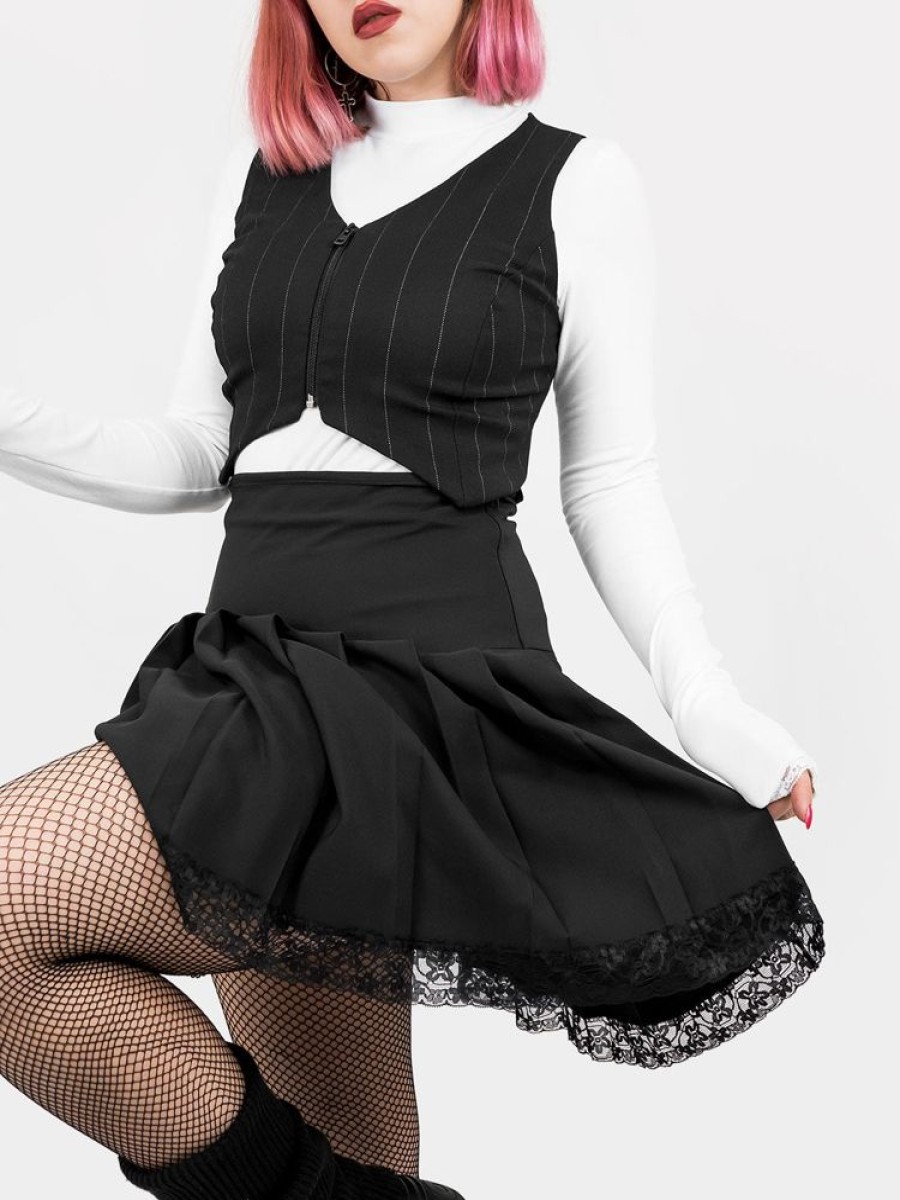 Clothes SKYDANCE Mini Skirts | Black Pleated Skirt With Lace