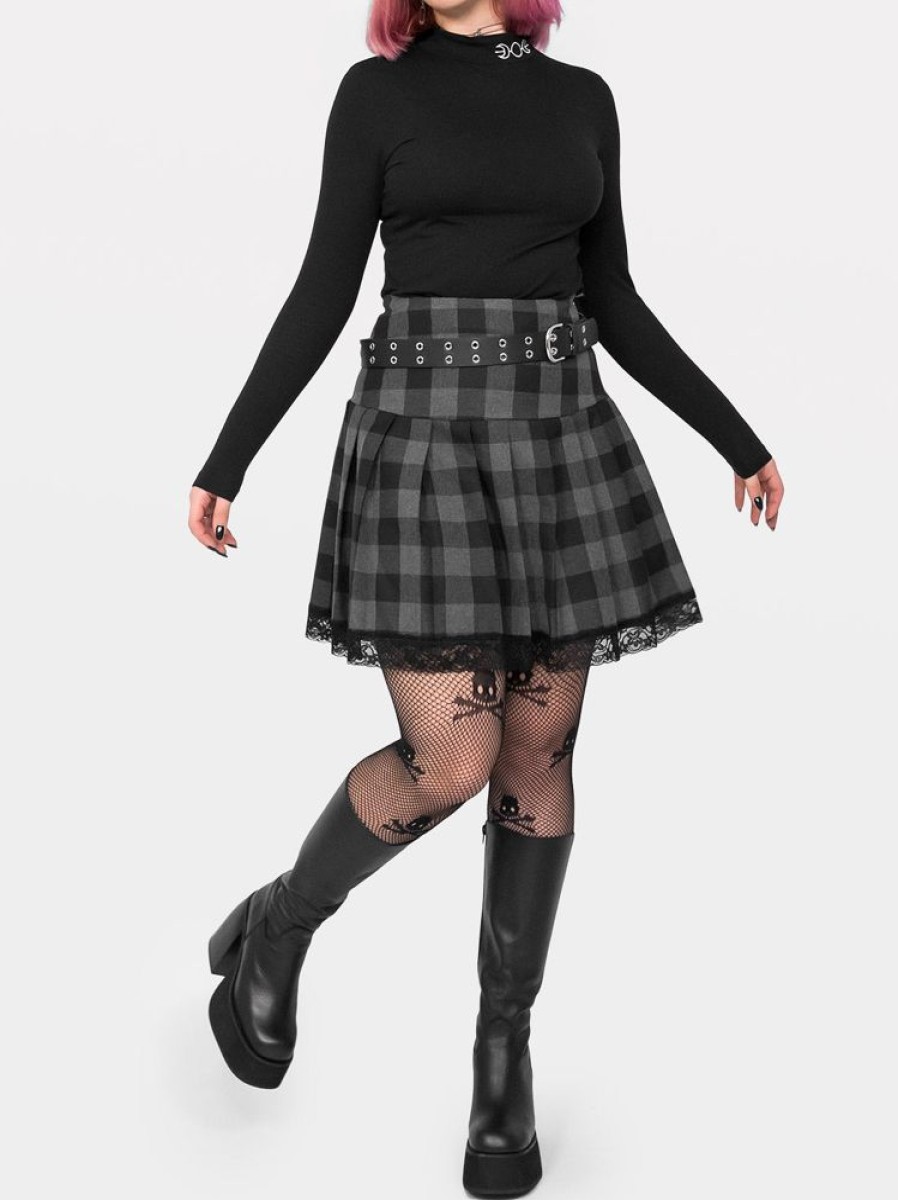 Clothes SKYDANCE Mini Skirts | Grey Plaid Pleated Skirt With Lace