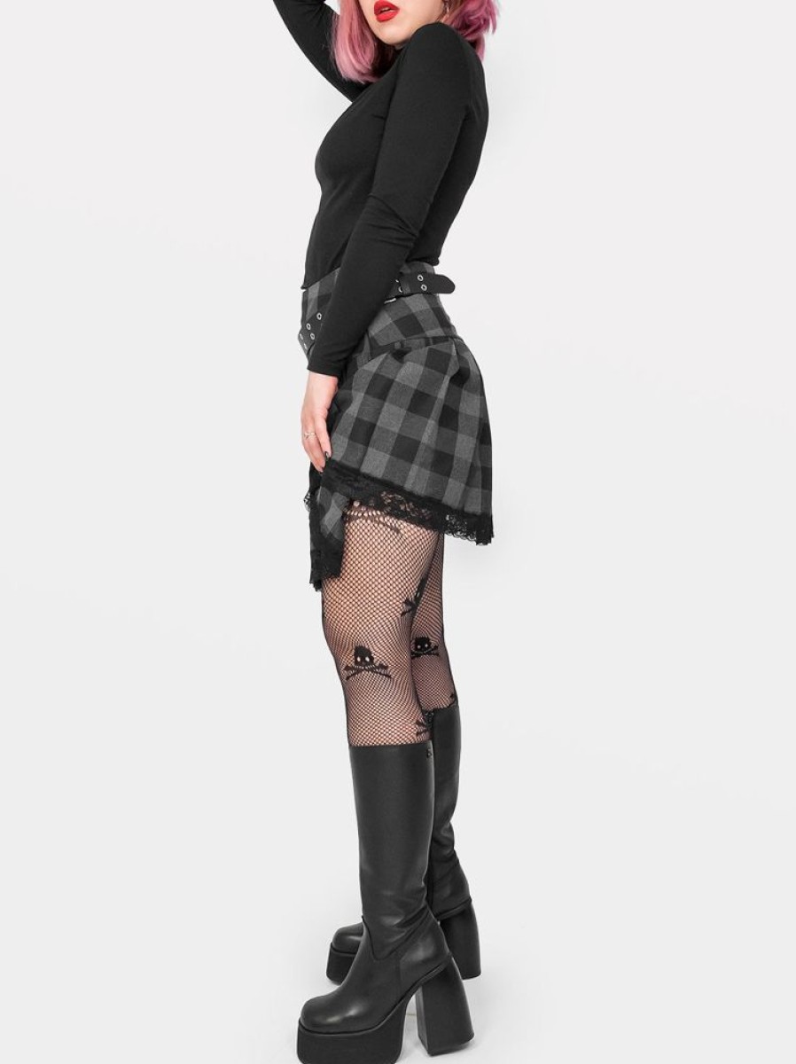 Clothes SKYDANCE Mini Skirts | Grey Plaid Pleated Skirt With Lace