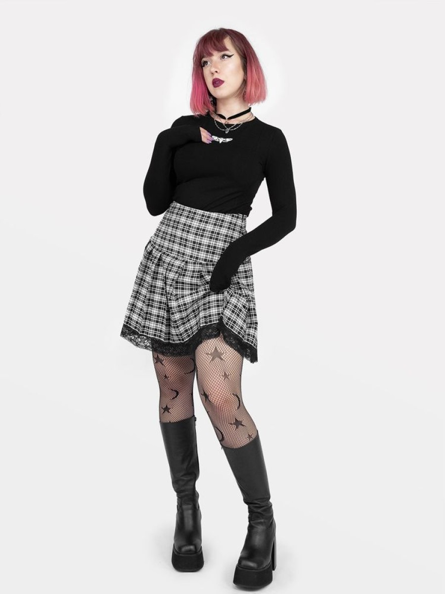 Clothes SKYDANCE Mini Skirts | Black And White Plaid Pleated Skirt With Lace