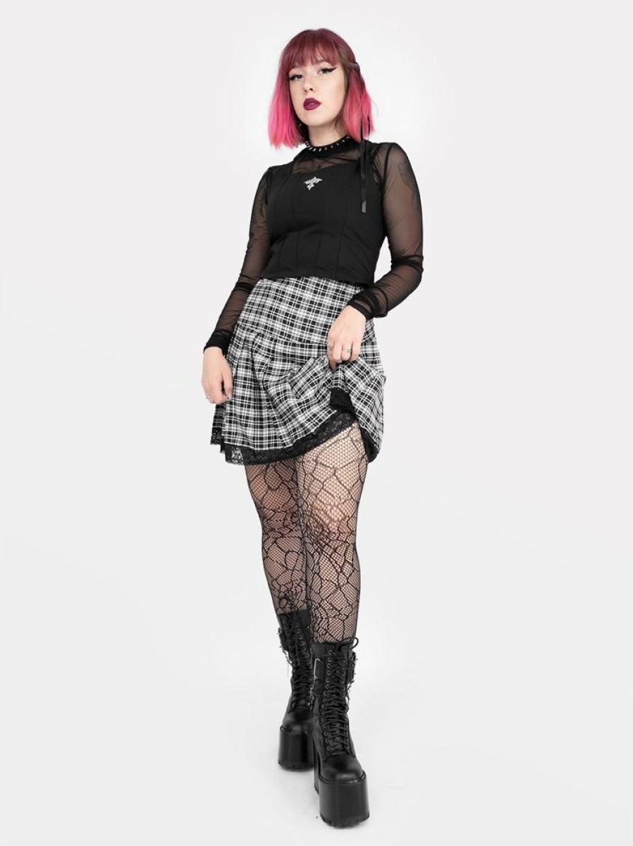 Clothes SKYDANCE Mini Skirts | Black And White Plaid Pleated Skirt With Lace